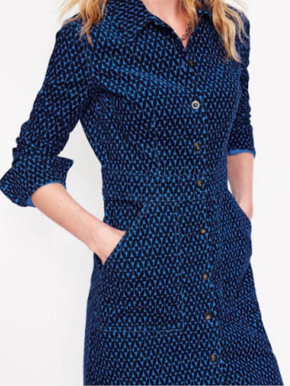 Boden Flora Cord Long Sleeve Shirt Dress Dark Blue Trellis SZ 10